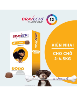 Bravecto Hộp 1 viên nhai vị thịt bò cho chó 2-4.5kg phòng & diệt trị ve, rận, bọ chét, ghẻ, xà mâu