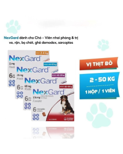 NexGard - Hộp 1 viên nhai mềm vị thịt bò dành cho chó 2-50kg XS M L phòng & trị ve, rận, bọ chét, ghẻ demodex, sarcoptes