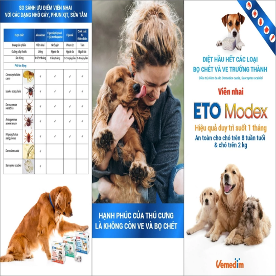 Vemedim Eto Modex Viên Nhai Vị Thịt Bò Cho Chó Diệt Trị Ve, Rận, Viêm da Do Ký Sinh Trùng Demodex