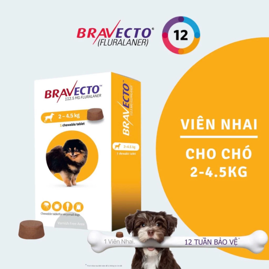Bravecto Hộp 1 viên nhai vị thịt bò cho chó 2-4.5kg phòng & diệt trị ve, rận, bọ chét, ghẻ, xà mâu