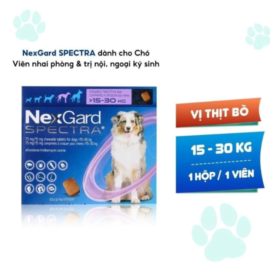 NexGard SPECTRA - Hộp 1 viên nhaivị thịt bò cho chó 15-30kg phòng & trị ve, rận, bọ chét, ghẻ Demodex, Sarcoptes, giun