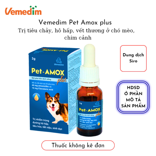 Vemedim Pet Amox Plus Trị Hết Tiêu chảy hô hấp giúp lành vết thương ở chó mèo chim cảnh lọ 3g