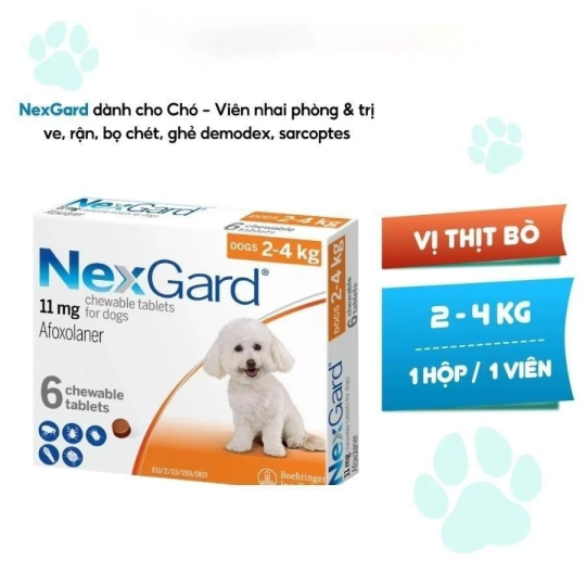 NexGard - Hộp 1 viên nhai vị thịt bò cho chó size S 2-4kg phòng và trị ve, rận, bọ chét, ghẻ