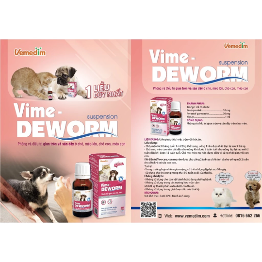 Vemedim Vime-Deworm nước uống phòng giun sán cho chó mèo, an toàn cho chó con và mèo con, chai 20ml