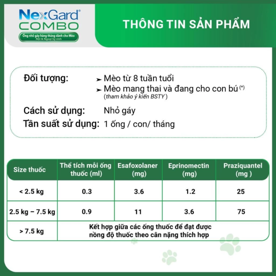 NexGard COMBO - Hộp 1 ống nhỏ gáy cho mèo size L 2.5-7.5kg phòng & trị nội, ngoại kí sinh