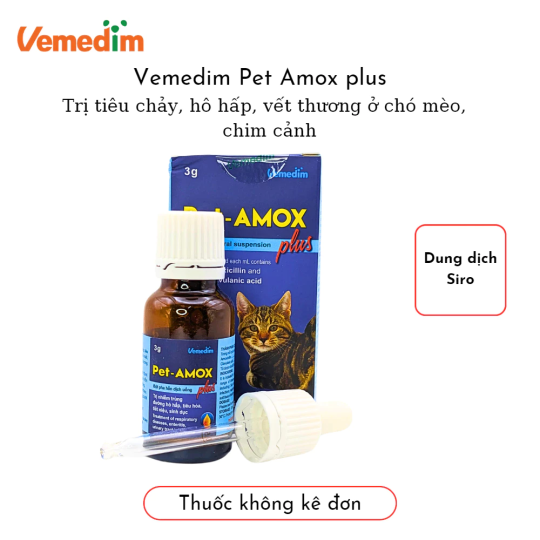 Vemedim Pet Amox Plus Trị Hết Tiêu chảy hô hấp giúp lành vết thương ở chó mèo chim cảnh lọ 3g