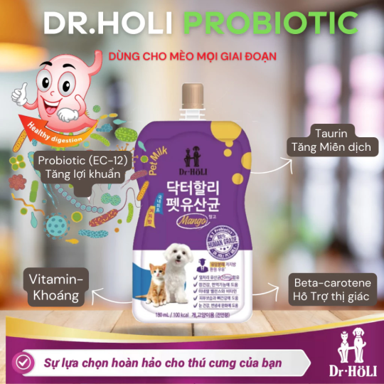 Dr. Holi Pet Milk sữa cho chó và mèo mọi giai đoạn gói 180ml probiotic vị Xoài