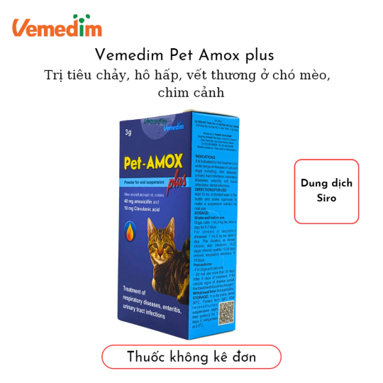Vemedim Pet Amox Plus Trị Hết Tiêu chảy hô hấp giúp lành vết thương ở chó mèo chim cảnh lọ 3g