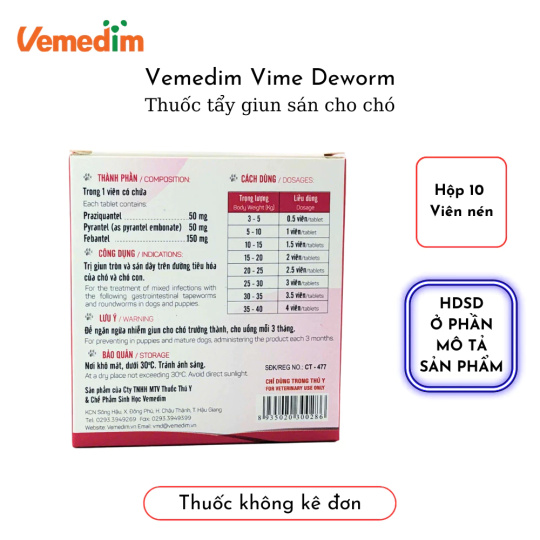 Vemedim VIME – DEWORM tẩy giun sán cho chó, uống 1 liều duy nhất hộp 10 viên