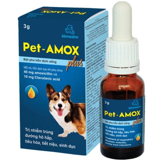 Vemedim Pet Amox Plus Trị Hết Tiêu chảy hô hấp giúp lành vết thương ở chó mèo chim cảnh lọ 3g