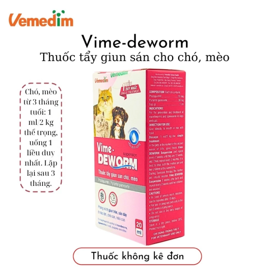 Vemedim Vime-Deworm nước uống phòng giun sán cho chó mèo, an toàn cho chó con và mèo con, chai 20ml