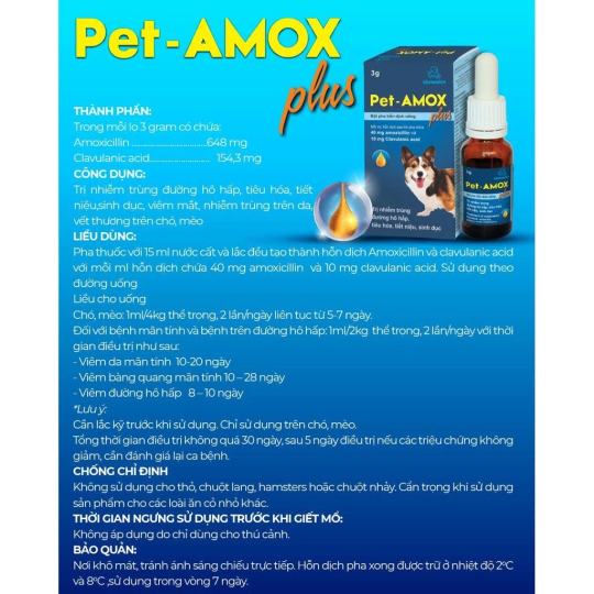 Vemedim Pet Amox Plus Trị Hết Tiêu chảy hô hấp giúp lành vết thương ở chó mèo chim cảnh lọ 3g