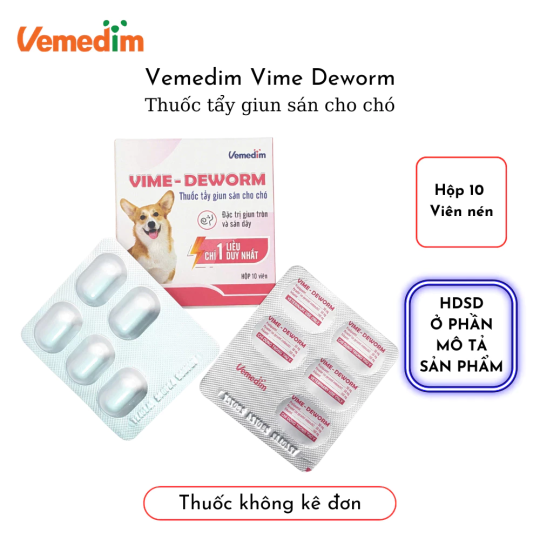 Vemedim VIME – DEWORM tẩy giun sán cho chó, uống 1 liều duy nhất hộp 10 viên