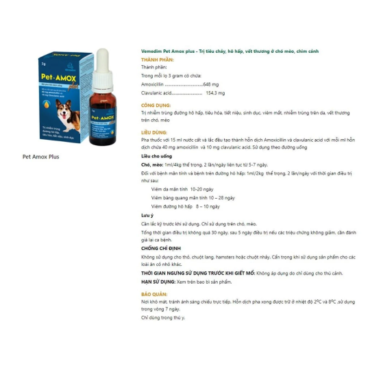 Vemedim Pet Amox Plus Trị Hết Tiêu chảy hô hấp giúp lành vết thương ở chó mèo chim cảnh lọ 3g