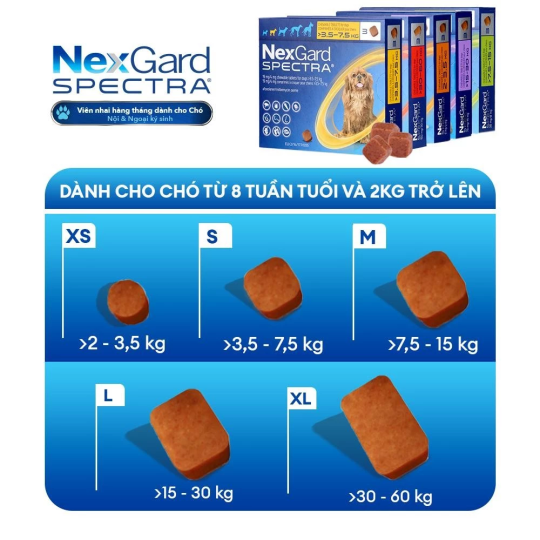 NexGard SPECTRA - Hộp 1 viên nhaivị thịt bò cho chó 3.5-7kg phòng & trị ve, rận, bọ chét, ghẻ Demodex, Sarcoptes, giun