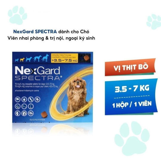 NexGard SPECTRA - Hộp 1 viên nhaivị thịt bò cho chó 3.5-7kg phòng & trị ve, rận, bọ chét, ghẻ Demodex, Sarcoptes, giun