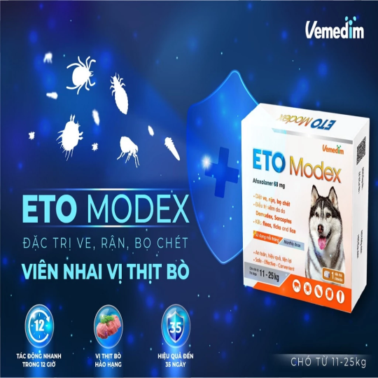 Vemedim Eto Modex Viên Nhai Vị Thịt Bò Cho Chó Diệt Trị Ve, Rận, Viêm da Do Ký Sinh Trùng Demodex